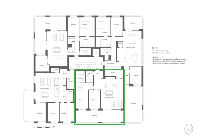 Floor plan of a 3.5-room apartment with 130 m² living space and 37 m² terrace. Layout includes multiple bedrooms, bathrooms, kitchen/living area, hallway, and terraces.