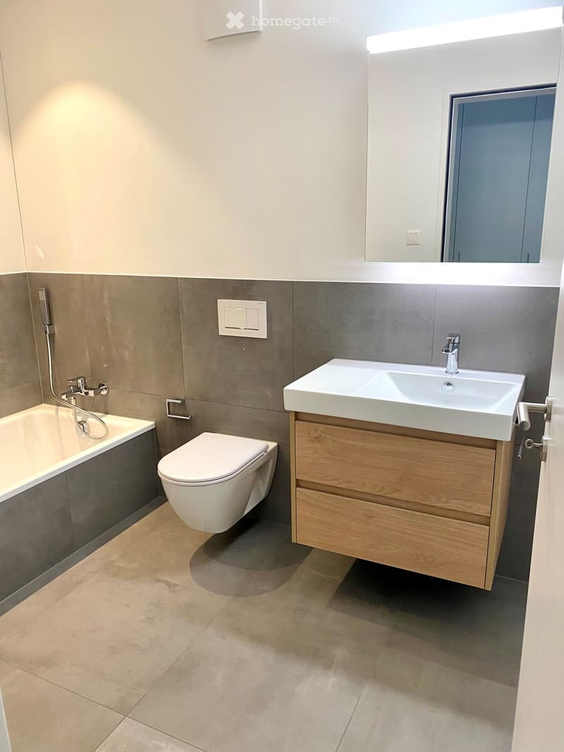 Modern bathroom with a bathtub, toilet, sink, and mirror. The sink has a wooden cabinet underneath, and the walls are tiled in a two-tone design with light and dark gray tiles.