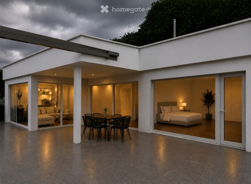 Modern house with large glass sliding doors connecting indoor spaces to an outdoor patio. Visible rooms include a living area with a sofa and coffee table, a dining area with a table and chairs, and a bedroom with a bed and nightstand.