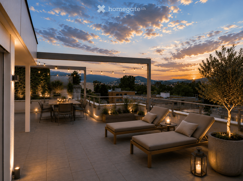 A modern rooftop terrace with lounge chairs, a dining table, and ambient lighting, overlooking a cityscape at sunset.