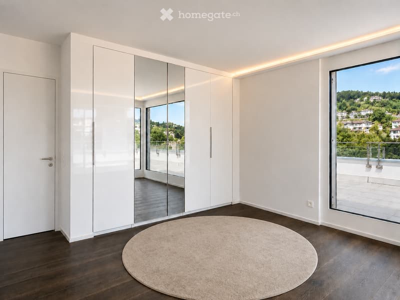 Modern, minimalist room with a large mirrored wardrobe, a round rug, and expansive windows offering a scenic view of a green landscape and houses.