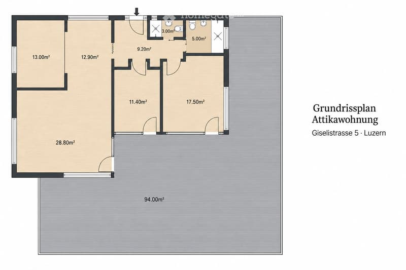 Floor plan of an attic apartment with multiple rooms including a living area, bedrooms, and bathrooms. The layout includes a large living space, several smaller rooms, and a balcony area.