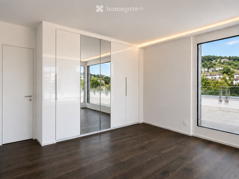 Empty room with dark wooden flooring, white walls, large mirrored wardrobe, and a large window offering a scenic view of a green landscape and houses.
