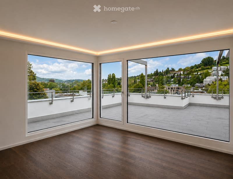 Bright, unfurnished room with large glass doors opening to a rooftop terrace, wooden flooring, and modern LED ceiling lighting.