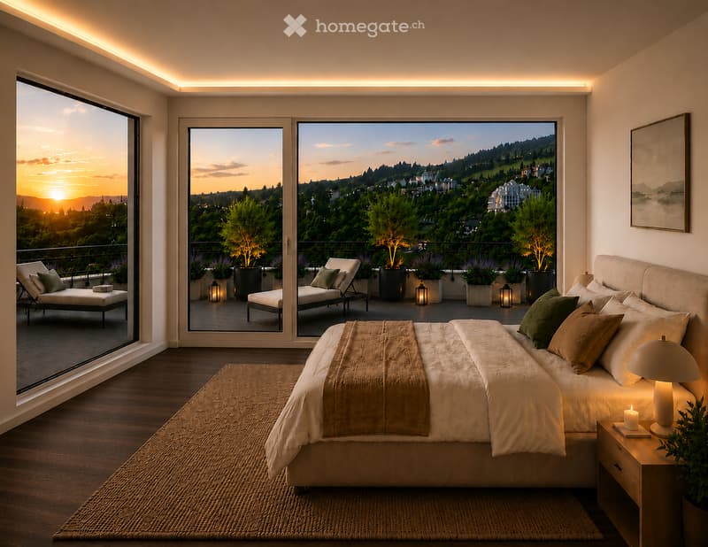 Modern bedroom with large windows offering a scenic view, featuring a large bed with pillows and a blanket, a nightstand with a lamp, and a balcony with lounge chairs and potted plants.