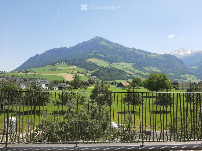 Balcony with metal railing overlooking a scenic valley with green hills, scattered houses, and distant mountains under a clear blue sky.