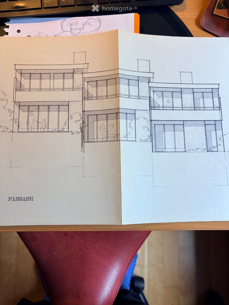 Architectural floor plan sketches showing building layouts with labeled dimensions and room outlines.