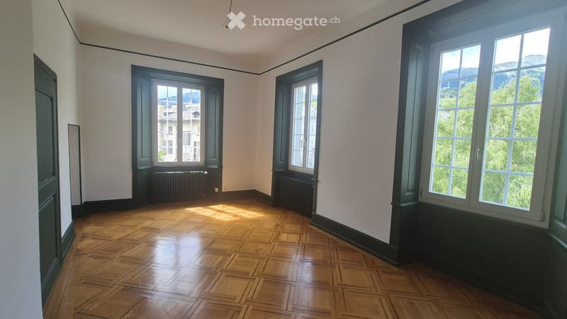 Empty room with wooden parquet flooring, large windows with dark frames, radiators, and light-colored walls.
