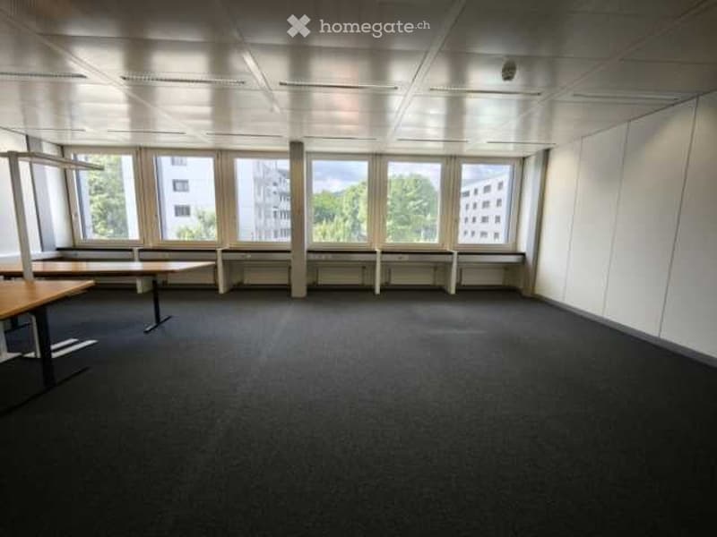 Empty room with large windows, white walls, and a grey carpeted floor. Minimalist design with no furniture or equipment.