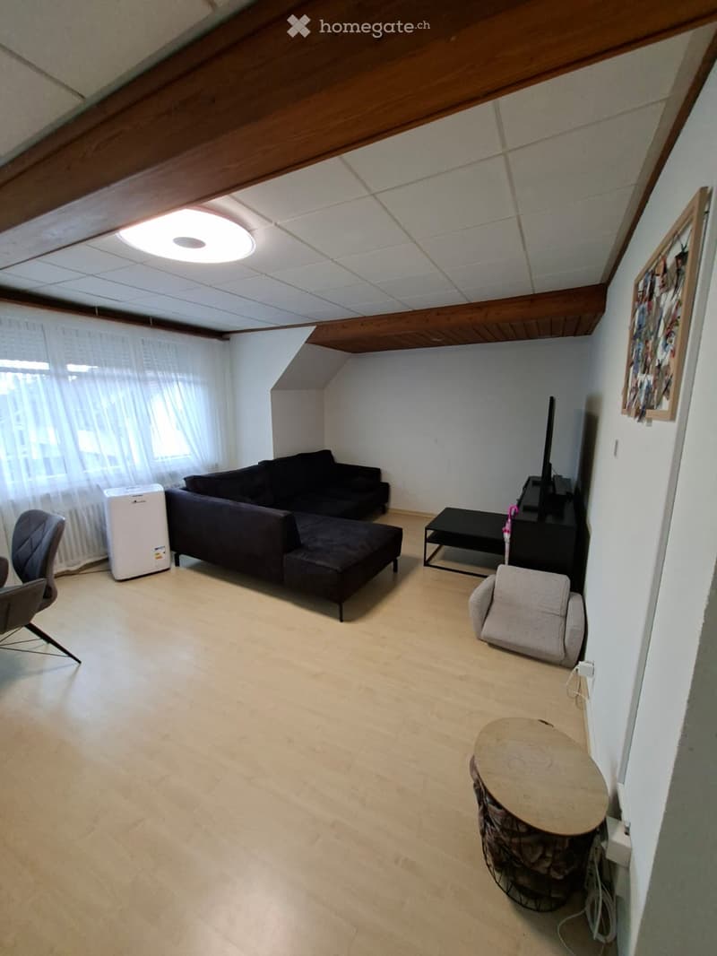 Living room with a dark-colored sofa, a grey armchair, a small round table, a television on a stand, and an air conditioner unit near the window.