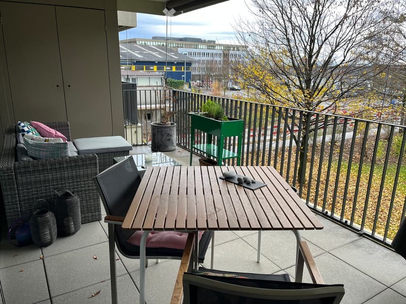Balcony with a wooden table, chairs, a wicker sofa, cushions, and potted plants, overlooking a cityscape with buildings and trees.