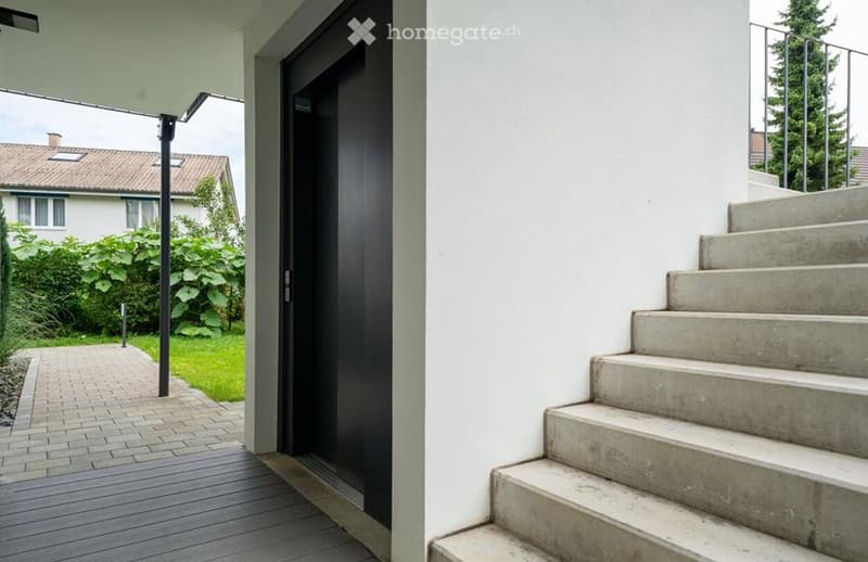Modern entrance area with a raised concrete staircase leading up, a dark wooden door, and a wooden deck area visible.