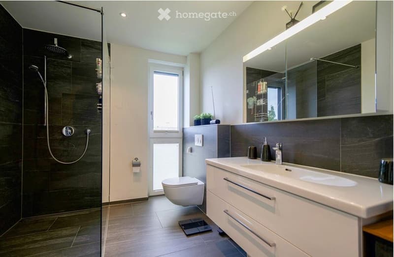 Modern bathroom with dark tiled walls, white sink, mirror, toilet, and glass-enclosed shower. Features a sleek design with a large window providing natural light.