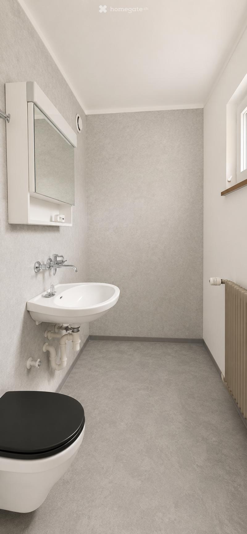 Modern bathroom with a white toilet, sink, and mirror cabinet. Grey walls and floor, radiator on the right side.