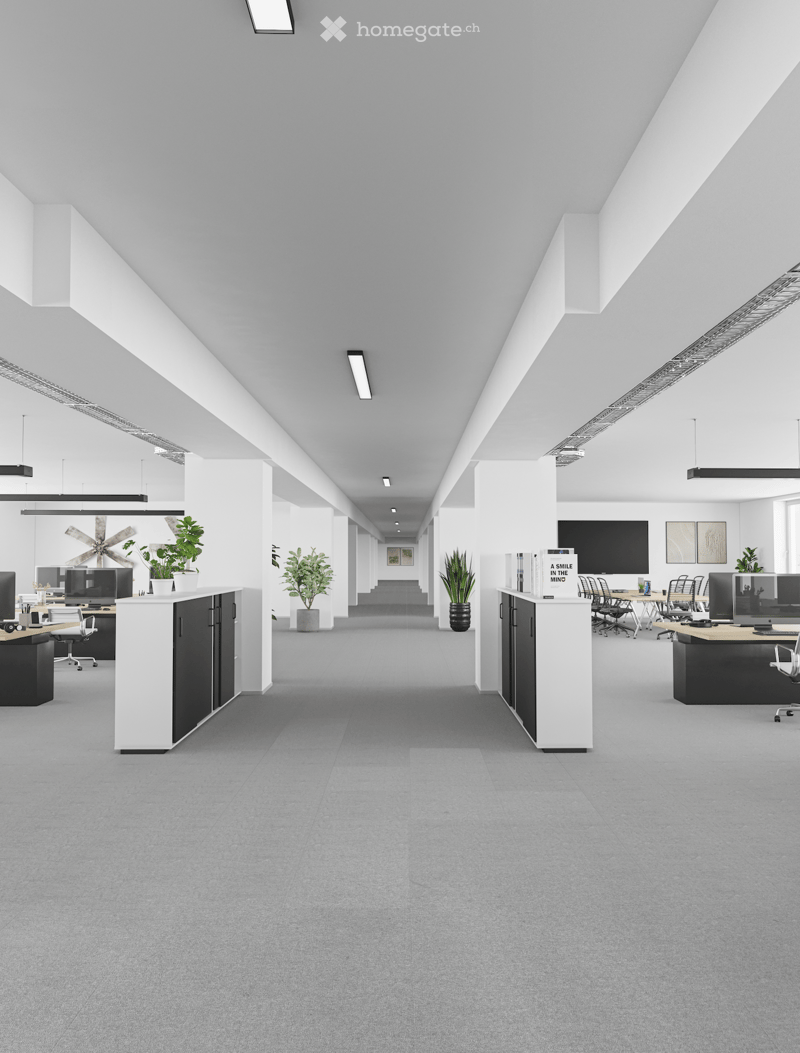 modern office space with large windows, high ceilings, white walls, black cabinets, gray carpet, multiple desks and chairs, large monitor on wall, plants
