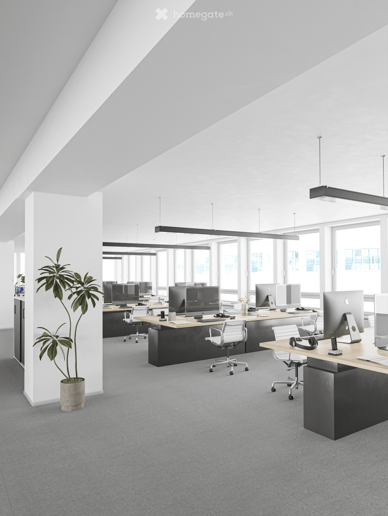 Office space with multiple desks, chairs, monitor, potted plants, large windows, modern design, carpeted floor, and ceiling-mounted lights