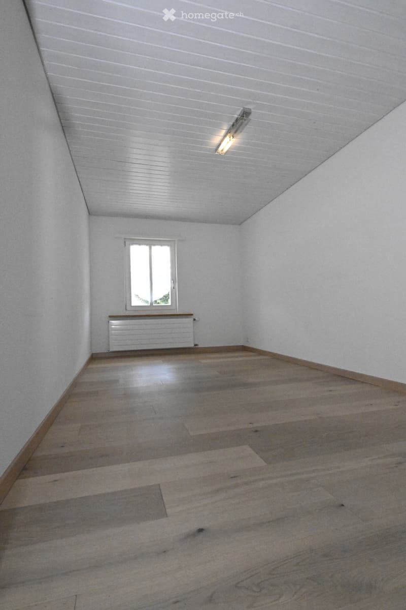 Empty room with wooden flooring, white walls, and a single window with a radiator below it. The ceiling has a built-in light fixture.