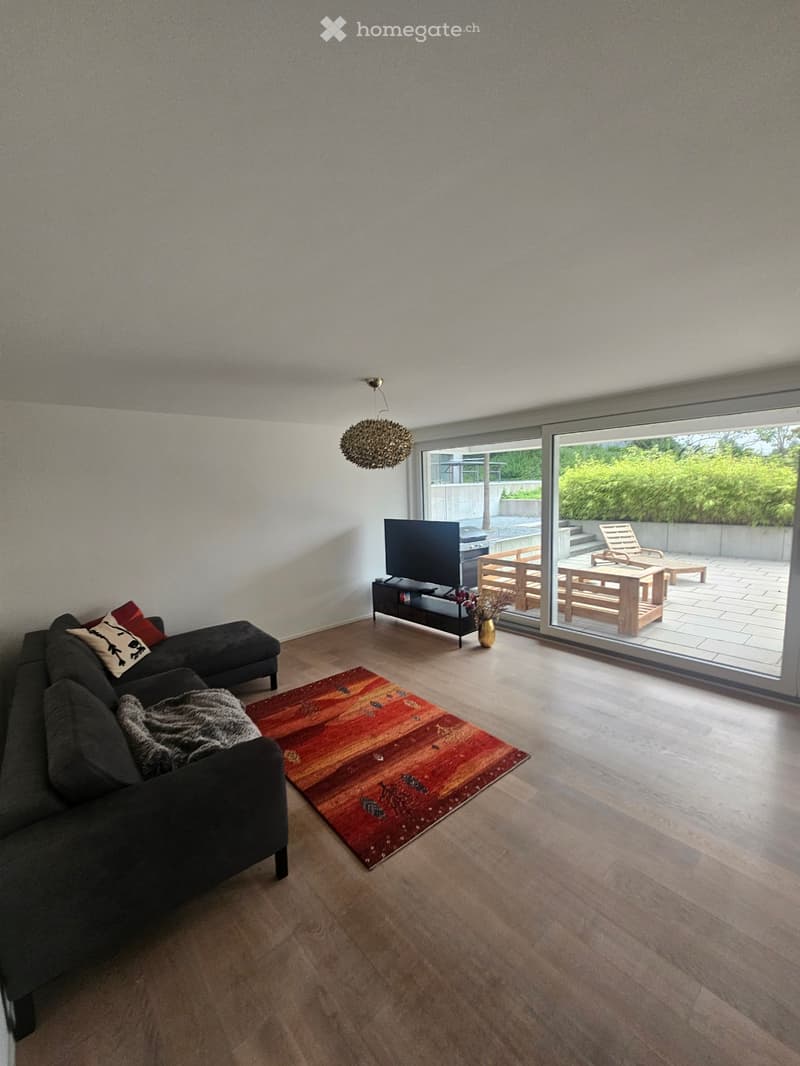 Modern living room with a dark grey sectional sofa, colorful rug, TV on a stand, and a large sliding glass door leading to a patio with outdoor furniture.