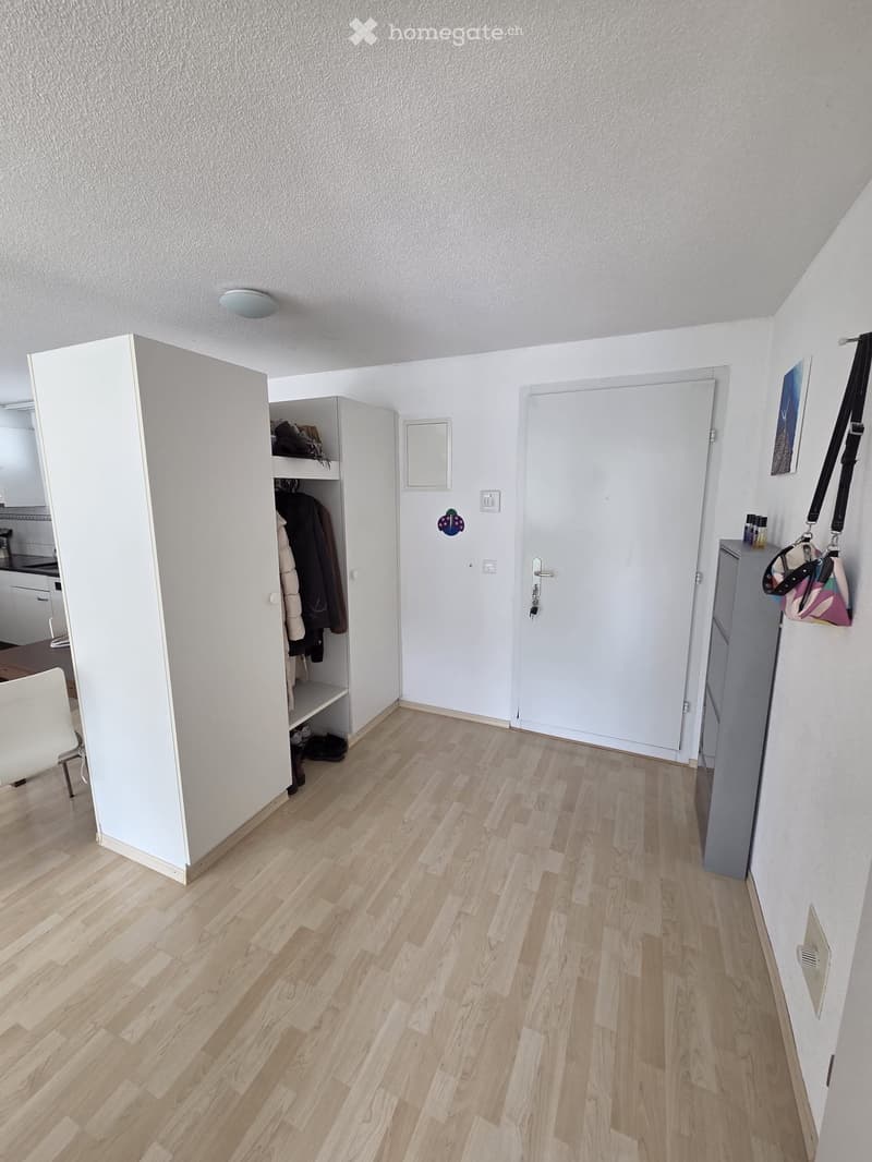 A small, well-lit hallway with light wooden flooring, a white wardrobe, a chair, a mirror, and a handbag hanging on the wall.