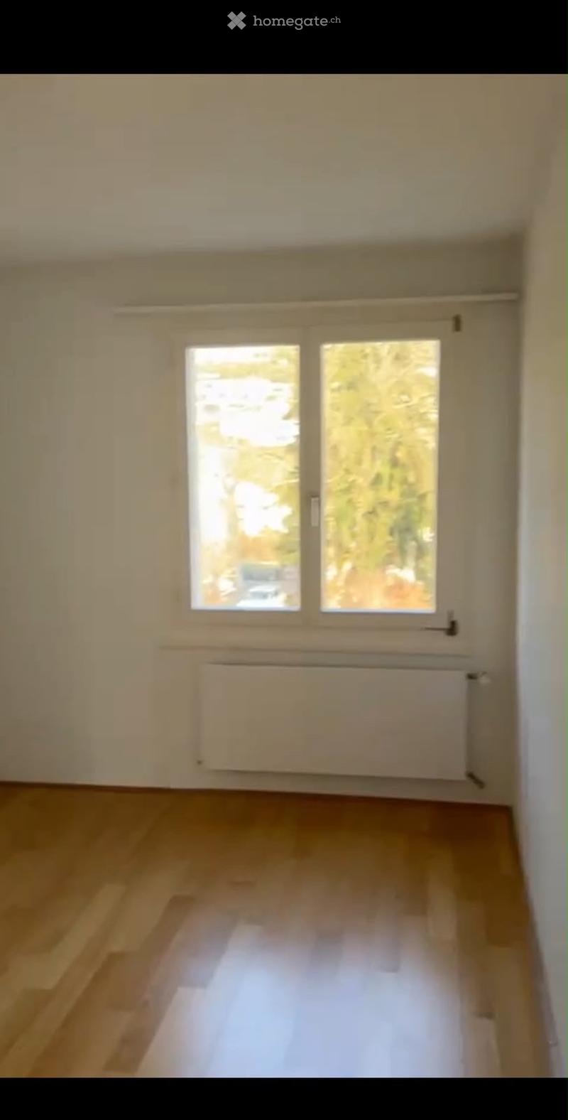 Empty room with light wooden flooring, white walls, and a large window with a view of greenery outside. A radiator is mounted below the window.