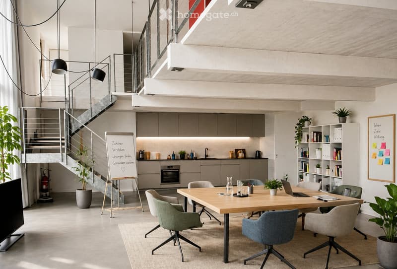 Modern office space with a large wooden table, chairs, laptop, kitchen area with cabinets, sink, and plants.