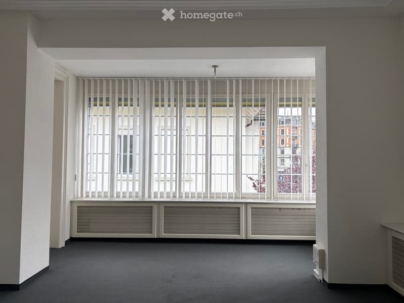 Empty room with grey carpeted floor, white walls, large window with white blinds, radiator below the window, and a visible electrical outlet on the wall.