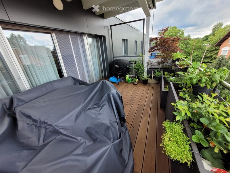 Wooden deck with covered furniture, potted plants, and a view of greenery.