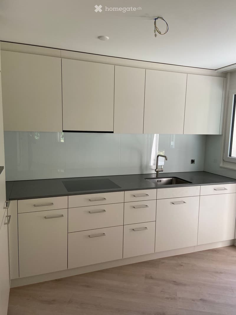 Modern kitchen with white cabinets, stainless steel handles, a black countertop, and a built-in stove. Features a sleek, minimalist design with a glass backsplash.