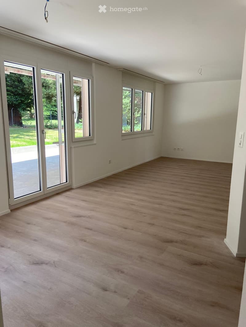 Empty room with light wooden flooring, white walls, large windows, and sliding glass doors leading to an outdoor area.
