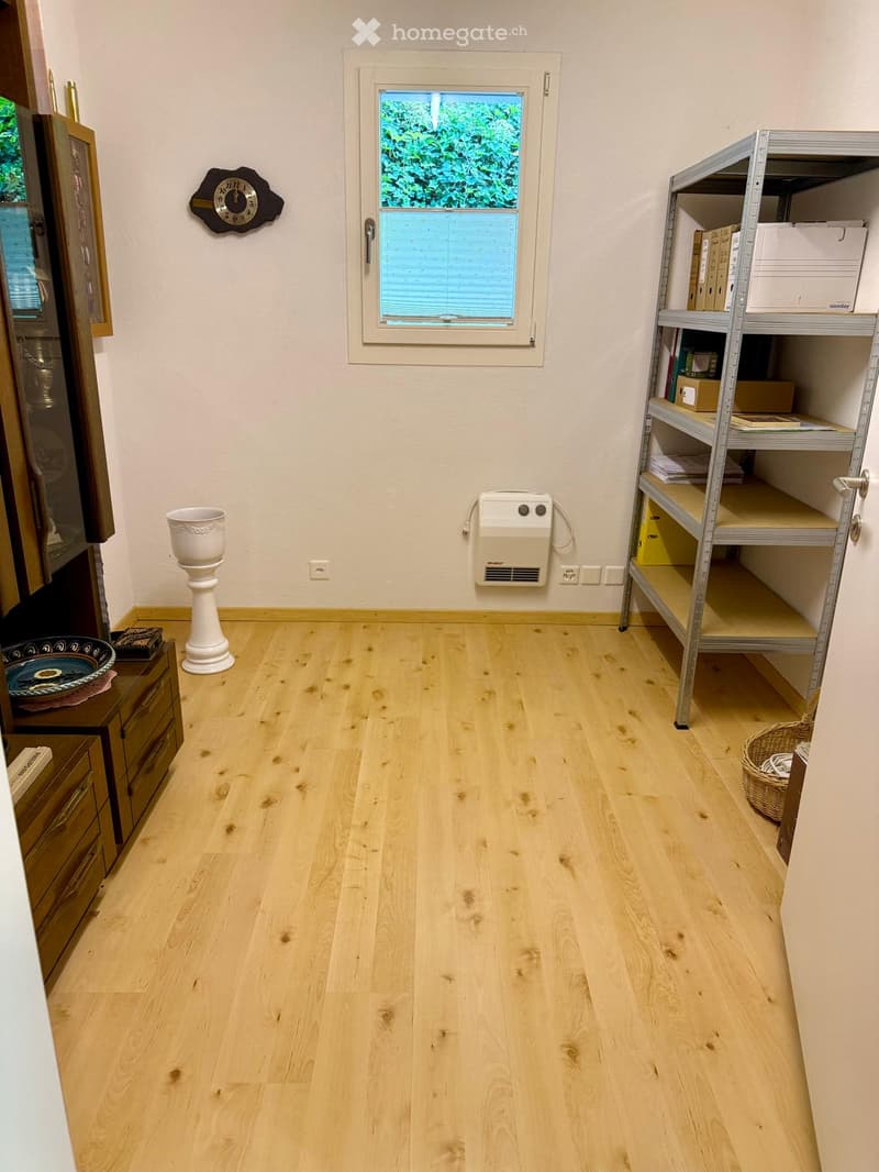 Empty room with light wooden flooring, white walls, and a window with blinds. Includes a small shelf unit, a decorative vase, and a cabinet with drawers.