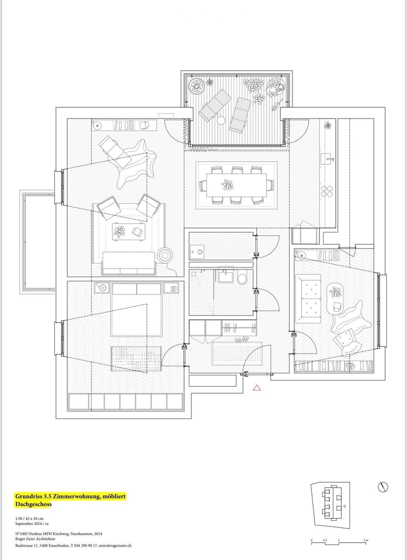 Floor plan of a 3.5-room apartment on the top floor, showing living room, dining area, kitchen, bedrooms, and bathrooms.