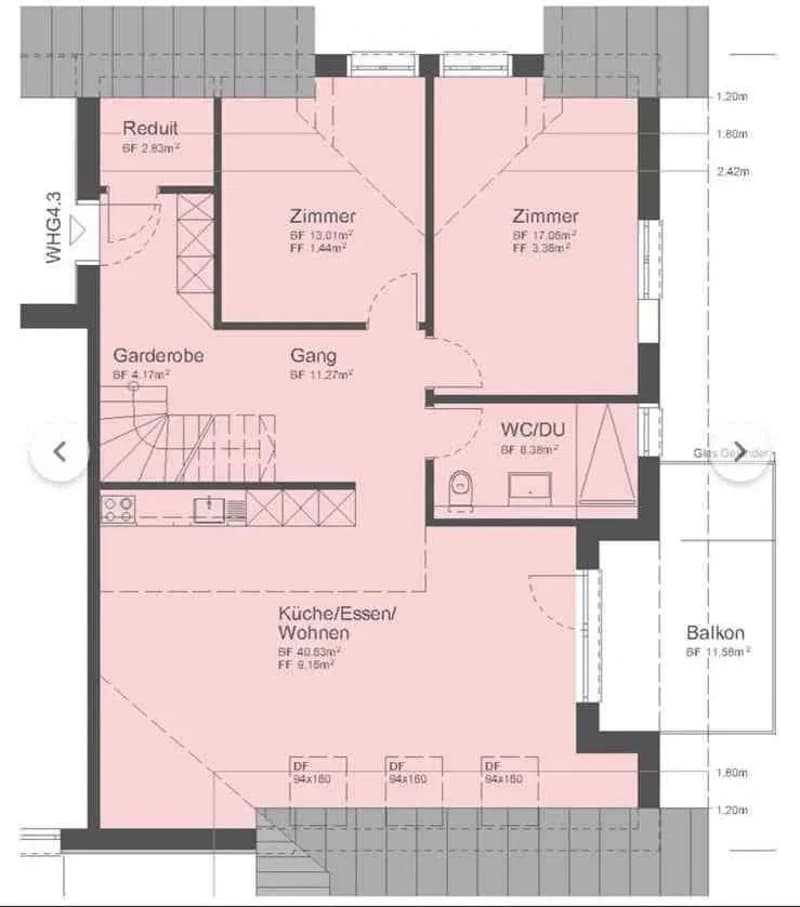 Floor plan showing a kitchen/dining/living area, two bedrooms, a hallway, a wardrobe, a WC/shower, and a balcony.