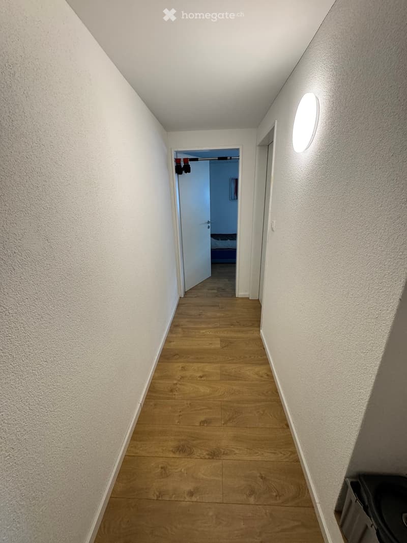A narrow hallway with light wooden flooring and white walls, featuring a round wall-mounted light fixture and an open door leading to another room.