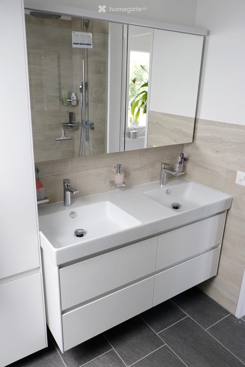 Modern bathroom with a double sink, white cabinets, a large mirror, and a glass-enclosed shower area.