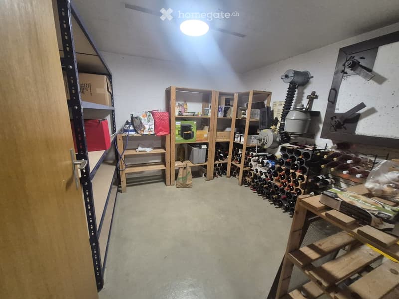 The image shows a storage area with shelves filled with various items, including wine bottles, storage boxes, and a fan. The space has a concrete floor and is well-lit with a ceiling light fixture.