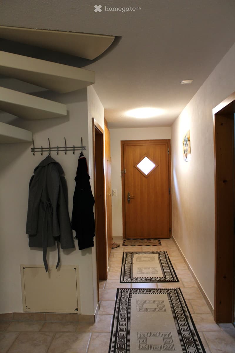 A hallway with a wooden door, two rugs, a coat rack with two coats, and a light on the ceiling.
