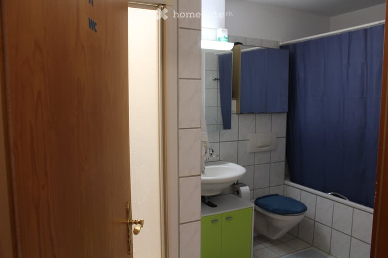 Bathroom with sink, toilet, bathtub, and shower curtain