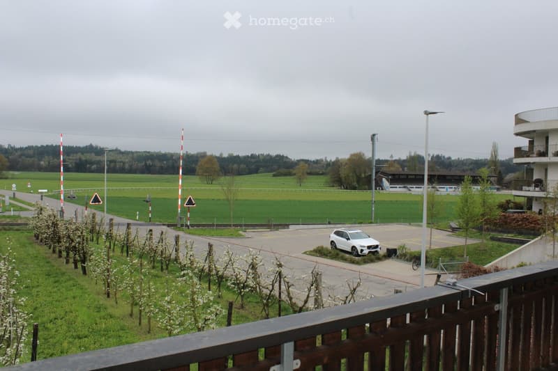 View from a balcony overlooking a parking lot with a car, a field, and a building in the distance.
