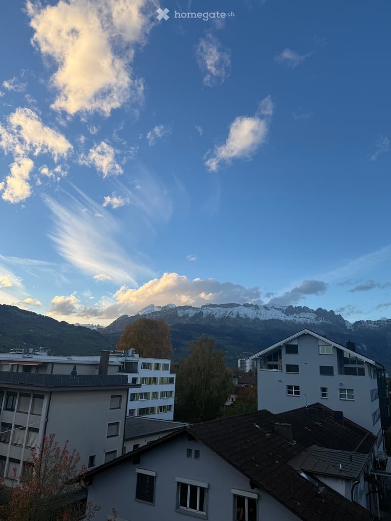 View of residential buildings with snow-capped mountains in the background under a clear blue sky.