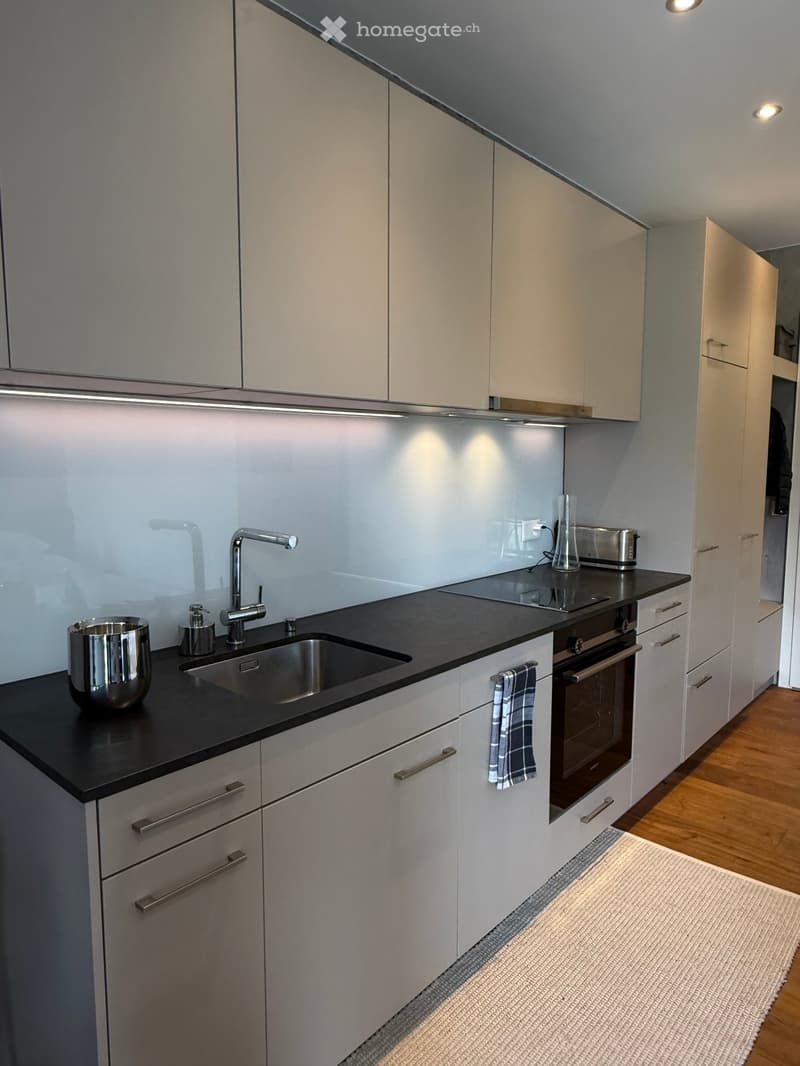 Modern kitchen with white cabinets, black countertops, stainless steel sink, and built-in oven. Includes a cup, toaster, and towel on the counter.