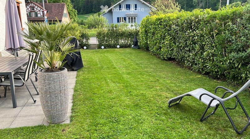Well-maintained garden with a green lawn, a large wicker planter with a palm plant, a wooden table with chairs, and a lounge chair on the grass.