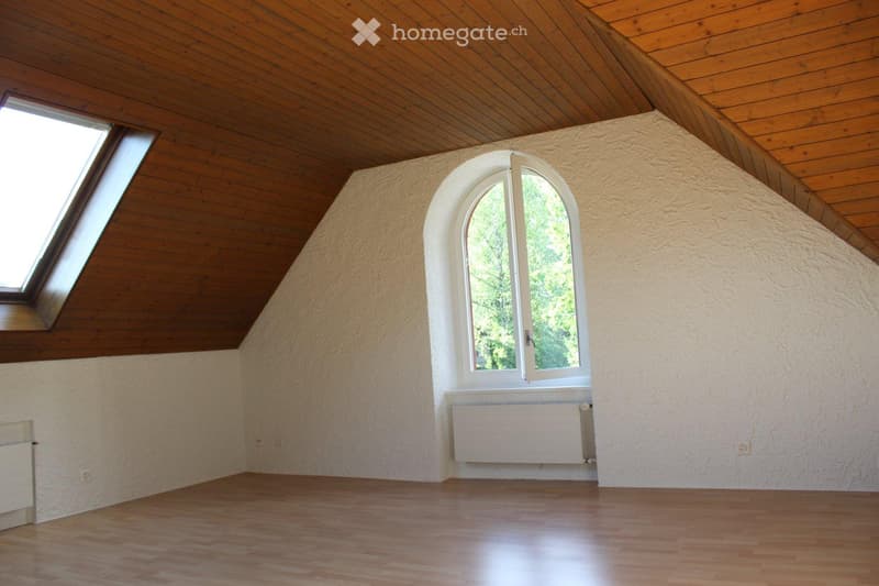 Empty attic room with wooden ceiling, wooden floor, and large windows, including a skylight and an arched window with a radiator below.