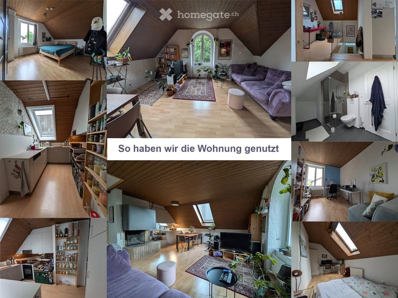 A collage of images showcasing a well-furnished attic apartment with multiple rooms including a bedroom, living room, kitchen, bathroom, and study area. The spaces feature wooden floors, slanted ceilings, large windows, and modern furnishings.
