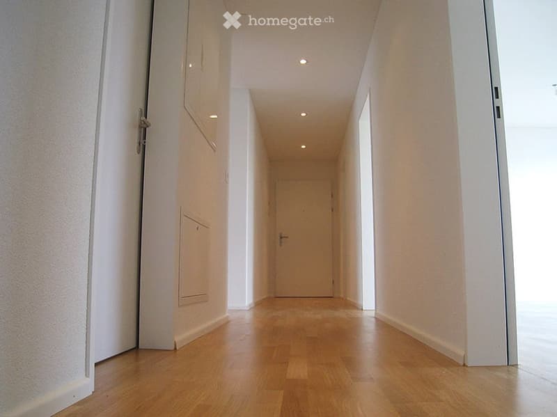 A long, narrow hallway with light wooden flooring, white walls, and recessed ceiling lights. The hallway features a closed door at the far end and a partially open door on the left side.