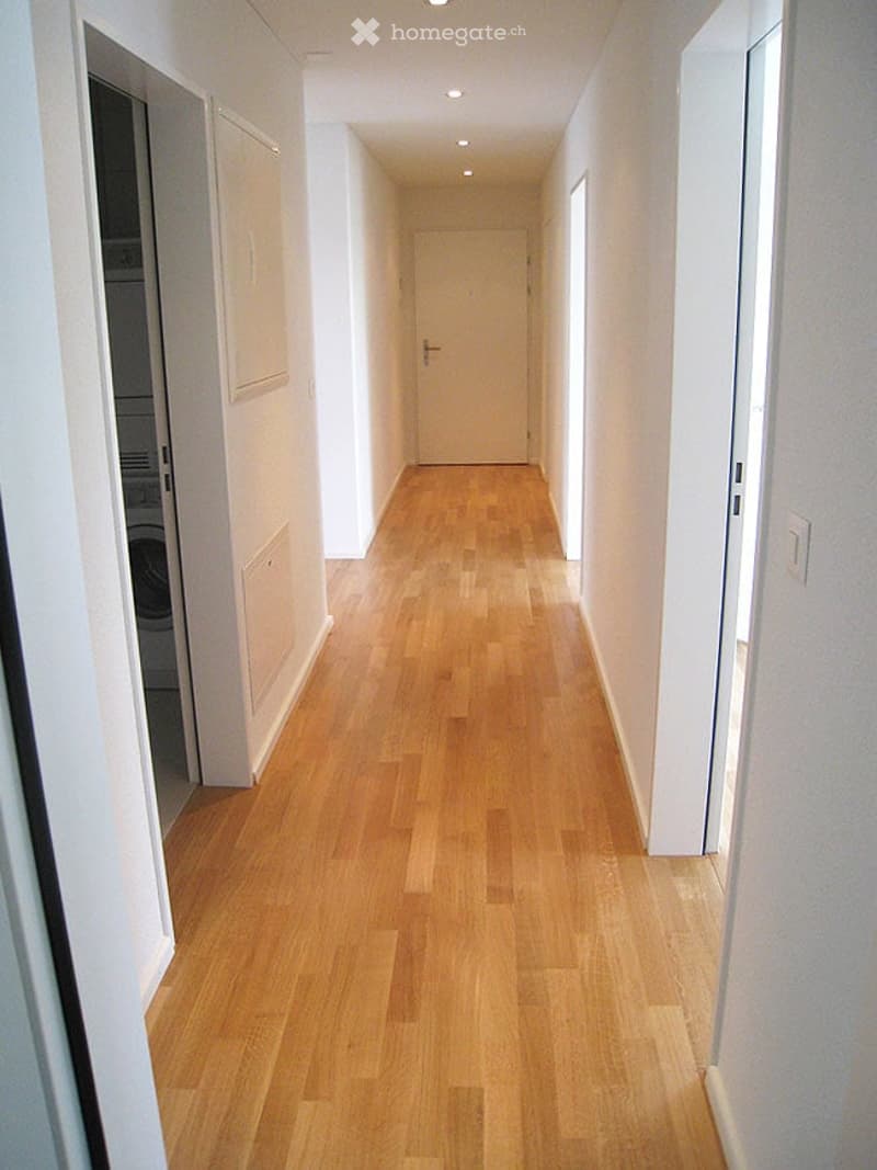 A long, narrow hallway with light wooden flooring and white walls. The hallway features recessed ceiling lights and has several doors and cabinets along the sides.