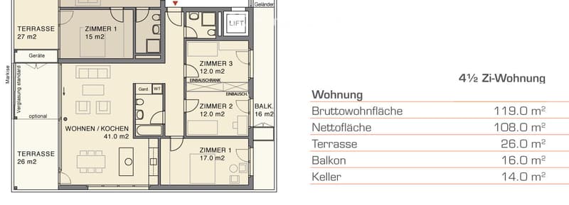 Floor plan of a 4.5-room apartment with living/dining area, kitchen, 3 bedrooms, 2 bathrooms, balcony, and terrace.