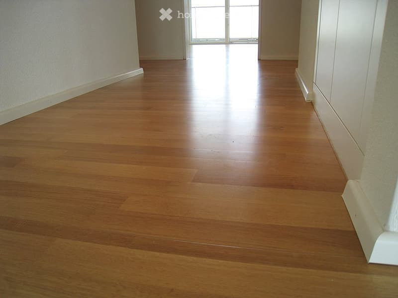 Empty hallway with polished wooden flooring and white walls, leading to a window at the end.