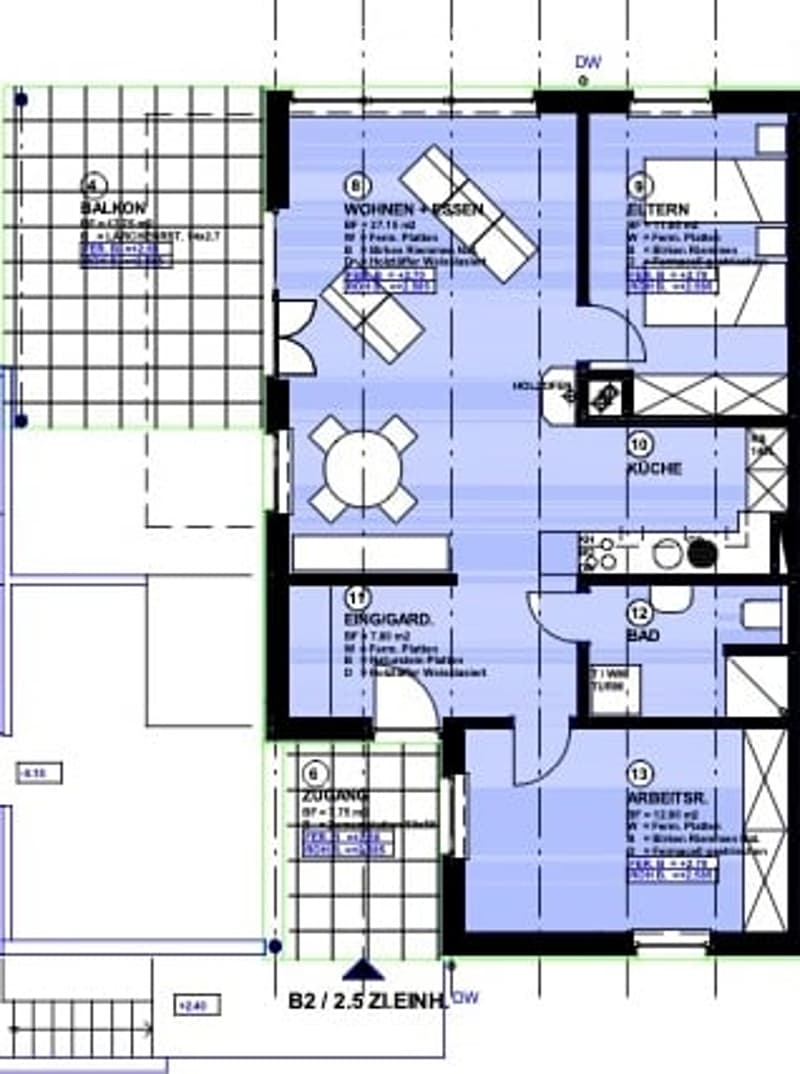 Floor plan of a residential apartment with labeled rooms including living room, kitchen, bedrooms, bathrooms, and balcony.