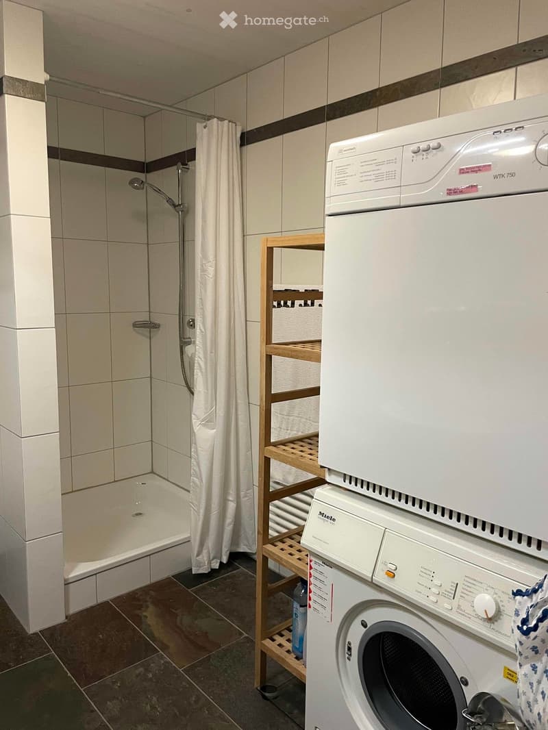Bathroom with a bathtub, shower, washing machine, dryer, and a wooden shelf holding items.