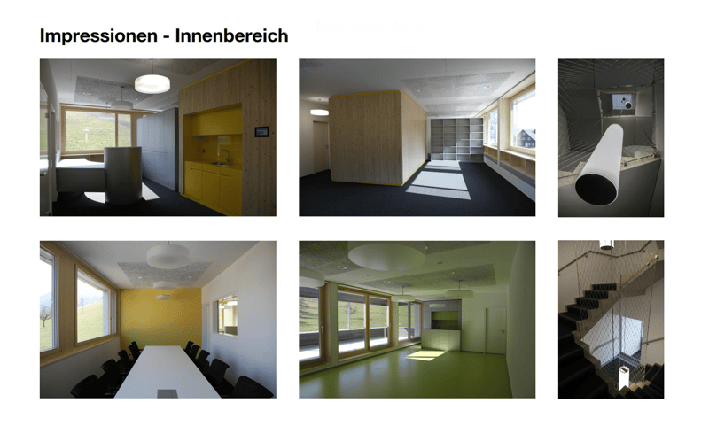 6 different interior views of a space with bright lighting, wooden fixtures, windows, green flooring in one section, and a staircase